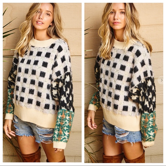 Unique Plaid chic fuzzy soft fabulous sweater - Picture 3 of 6